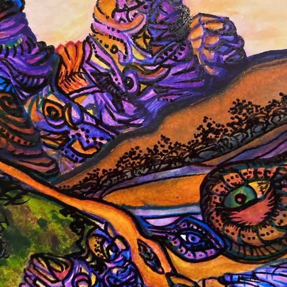 Unframed Original Art Watercolour Surreal Mountain Scape & Alpine Meadow - Picture 5 of 6